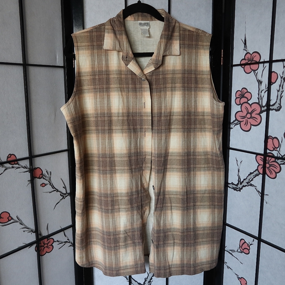 Retro Sostanza Cream Tan Brown Pink Plaid Sleeveless Button Down Shirt Size L